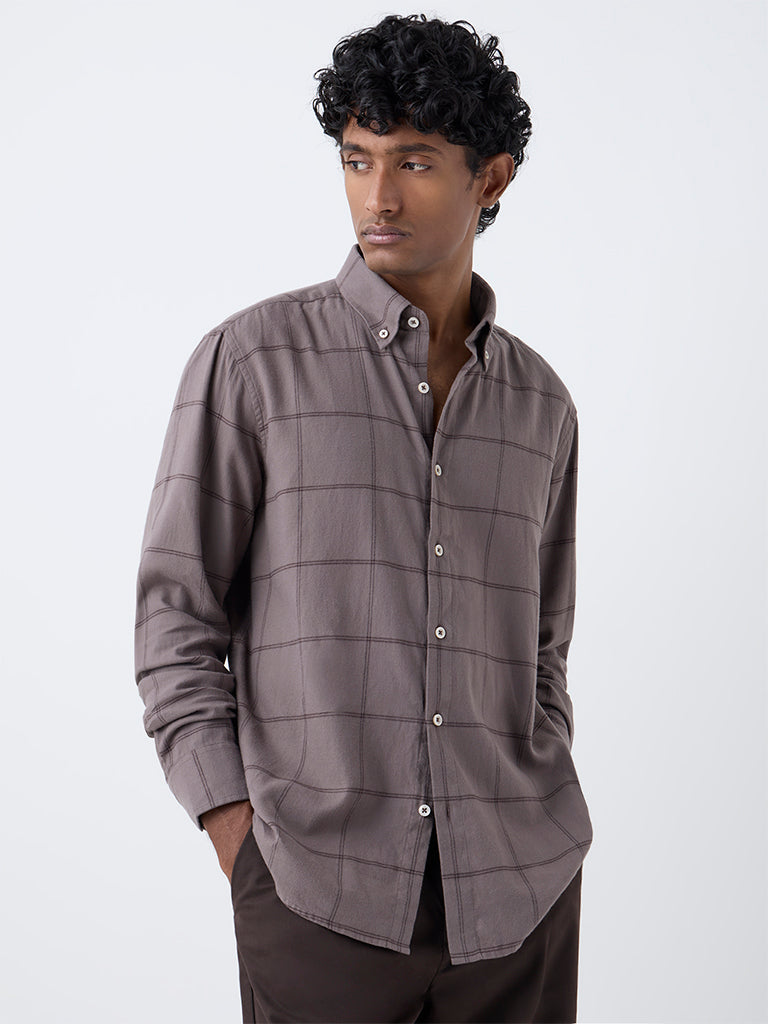 Ascot Taupe Checkered Pattern Relaxed-Fit Cotton Shirt - Image 2