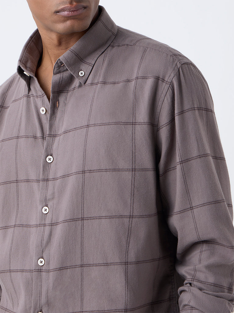 Ascot Taupe Checkered Pattern Relaxed-Fit Cotton Shirt - Image 3