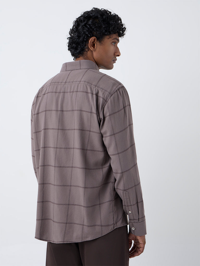 Ascot Taupe Checkered Pattern Relaxed-Fit Cotton Shirt - Image 4