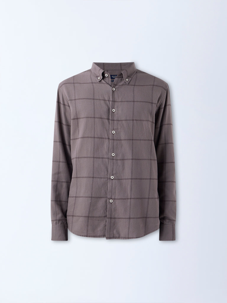 Ascot Taupe Checkered Pattern Relaxed-Fit Cotton Shirt - Image 5