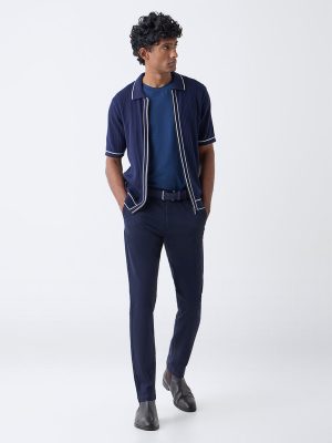 Ascot Navy Ribbed-Textured Relaxed-Fit Cotton-Blend T-Shirt