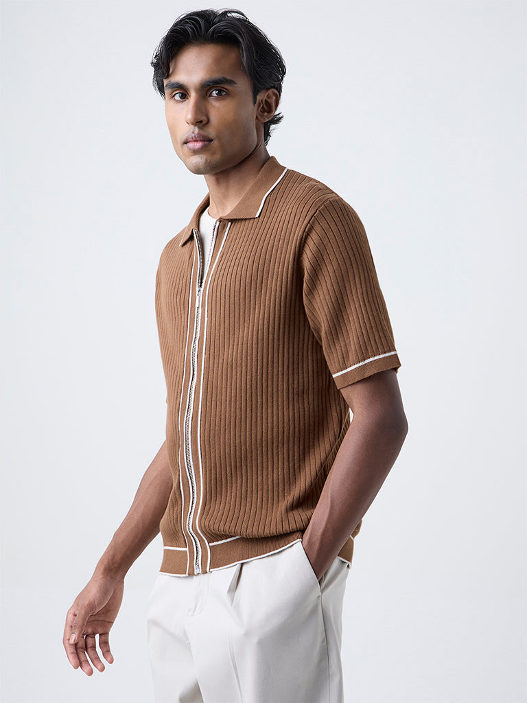 Ascot Tan Self-Striped Relaxed-Fit Cotton-Blend T-Shirt - Image 3