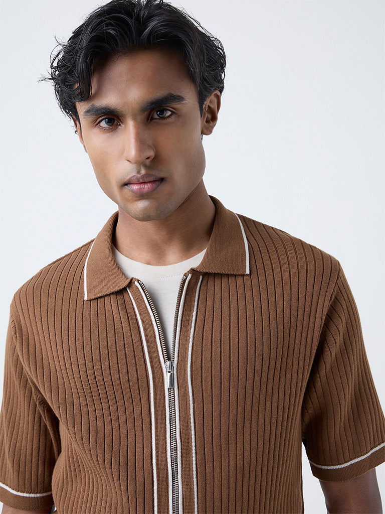 Ascot Tan Self-Striped Relaxed-Fit Cotton-Blend T-Shirt - Image 4