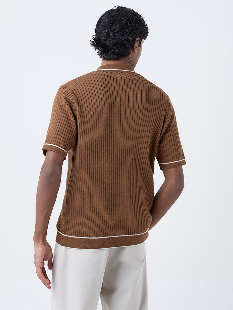 Ascot Tan Self-Striped Relaxed-Fit Cotton-Blend T-Shirt - Image 5