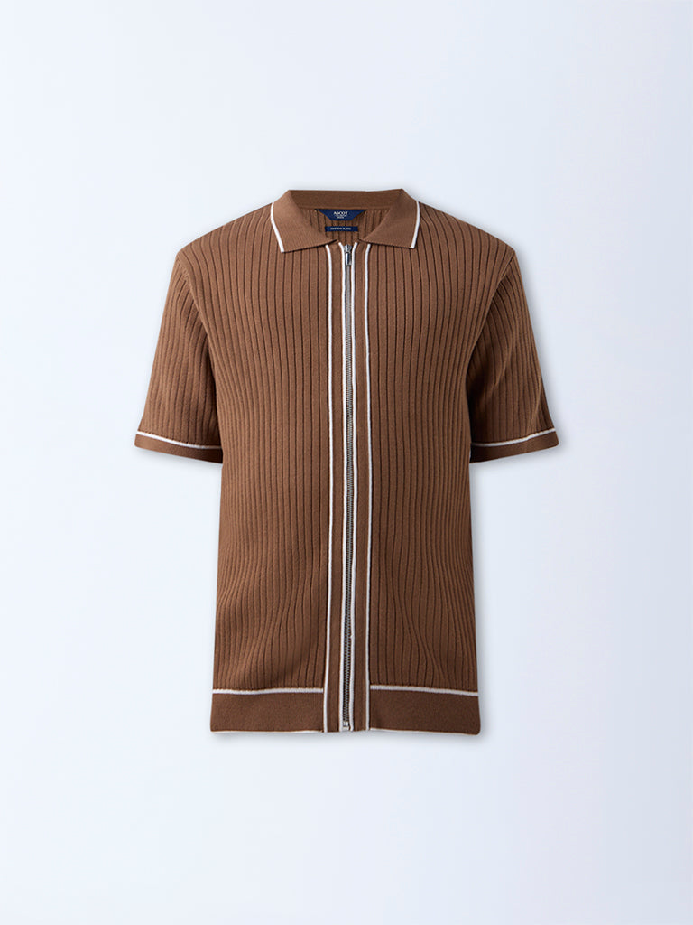 Ascot Tan Self-Striped Relaxed-Fit Cotton-Blend T-Shirt - Image 6
