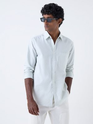 WES Casuals White Striped Relaxed-Fit Cotton Shirt
