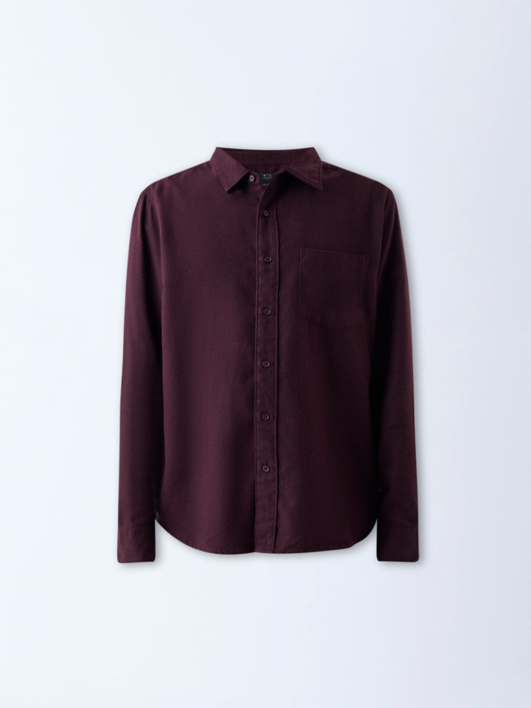 WES Casuals Wine Solid Relaxed Fit Cotton Shirt - Image 5