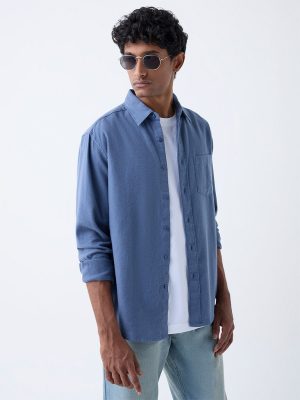 WES Casuals Dusty Blue Solid Relaxed-Fit Cotton Shirt