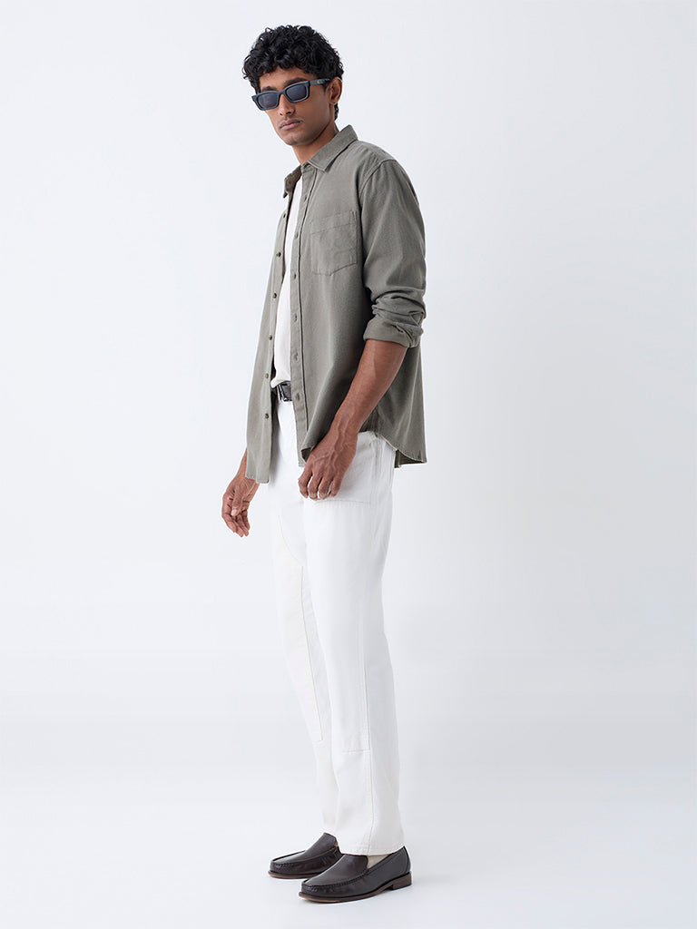 WES Casuals Olive Solid Relaxed-Fit Cotton Shirt