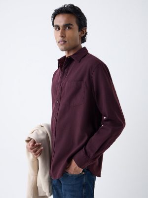 WES Casuals Wine Solid Relaxed Fit Cotton Shirt