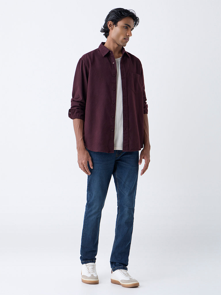 WES Casuals Wine Solid Relaxed Fit Cotton Shirt - Image 2