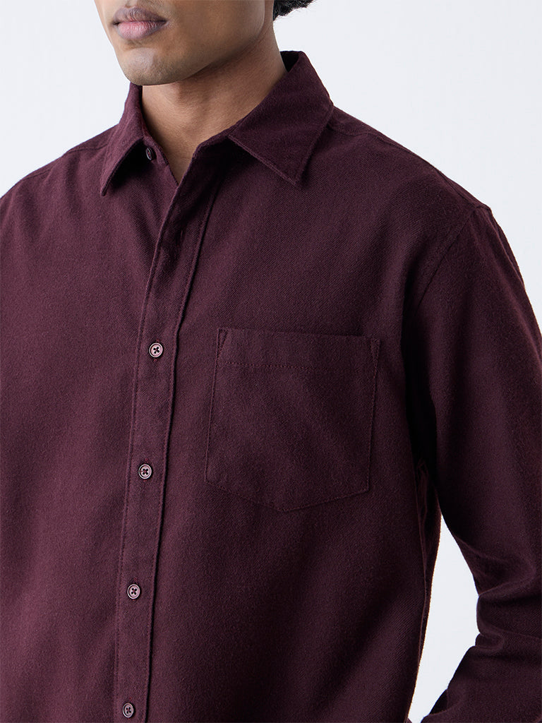WES Casuals Wine Solid Relaxed Fit Cotton Shirt - Image 3