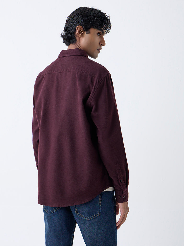 WES Casuals Wine Solid Relaxed Fit Cotton Shirt - Image 4