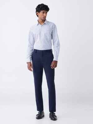 WES Formals Navy Striped Relaxed-Fit Cotton Shirt