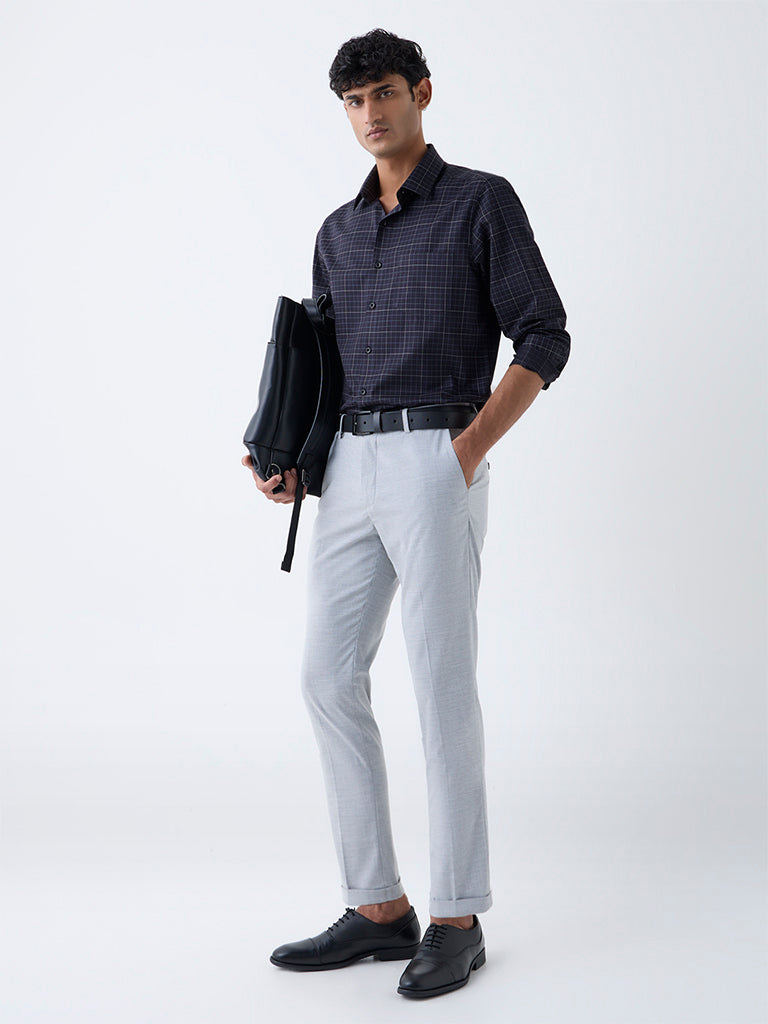 WES Formals Black Checkered Slim-Fit Cotton Shirt