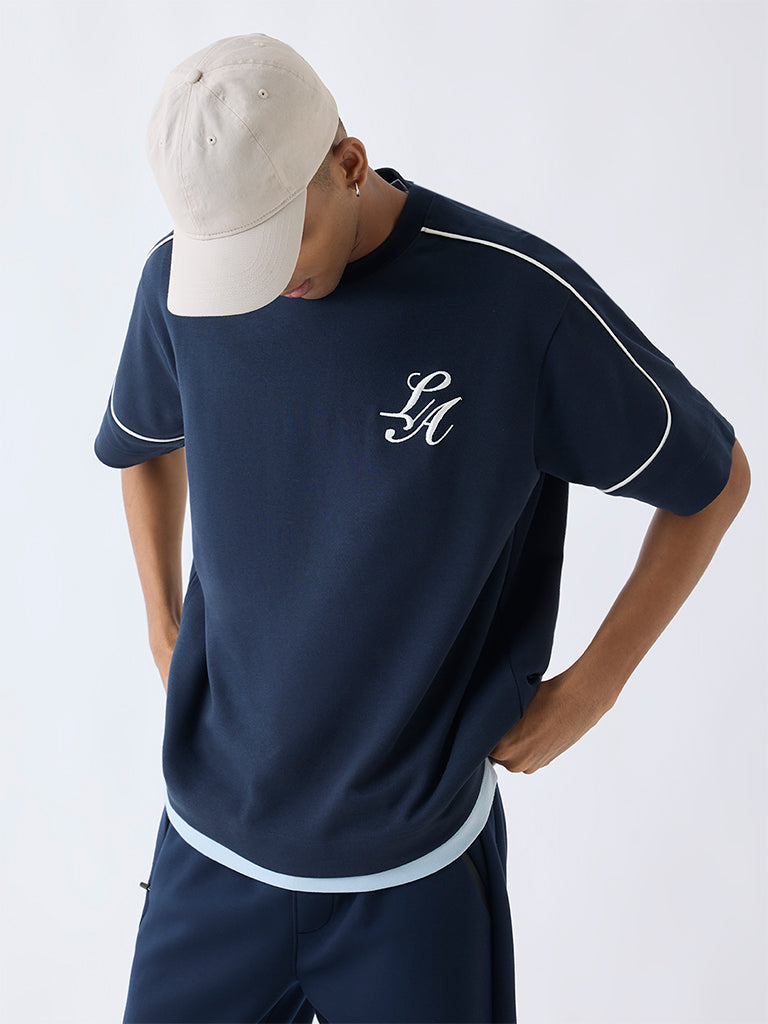 Studiofit Navy Text Detailed Relaxed-Fit T-Shirt
