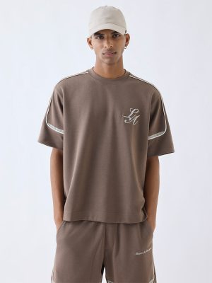 Studiofit Taupe Text Design Relaxed-Fit T-Shirt