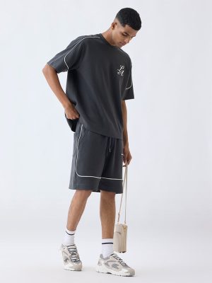 Studiofit Charcoal Text Pattern Relaxed-Fit Mid-Rise Cotton-Blend Shorts