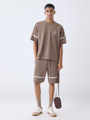 Studiofit Taupe Text Printed Relaxed-Fit Mid-Rise Cotton-Blend Shorts