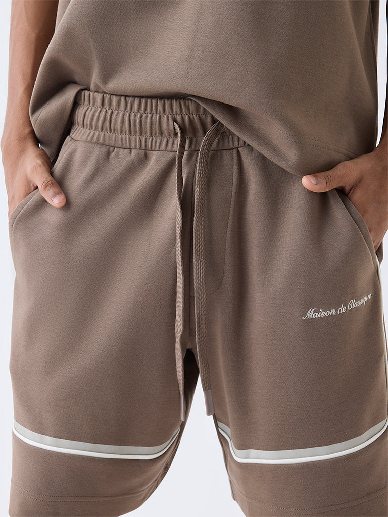 Studiofit Taupe Text Printed Relaxed-Fit Mid-Rise Cotton-Blend Shorts - Image 4