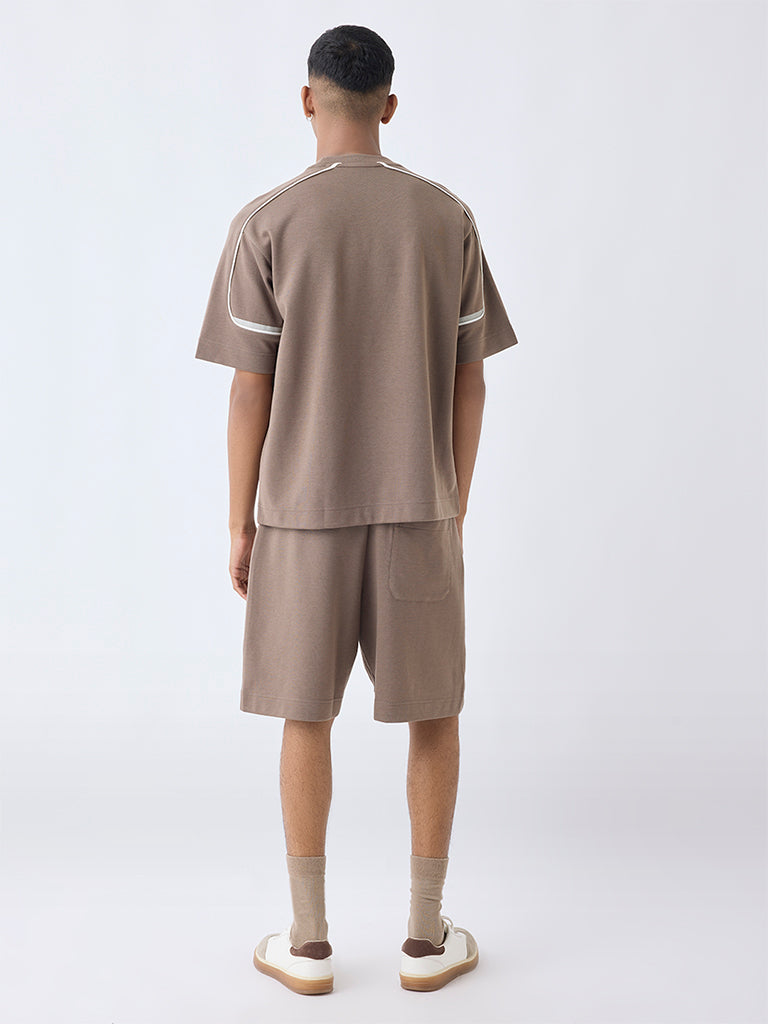 Studiofit Taupe Text Printed Relaxed-Fit Mid-Rise Cotton-Blend Shorts - Image 5