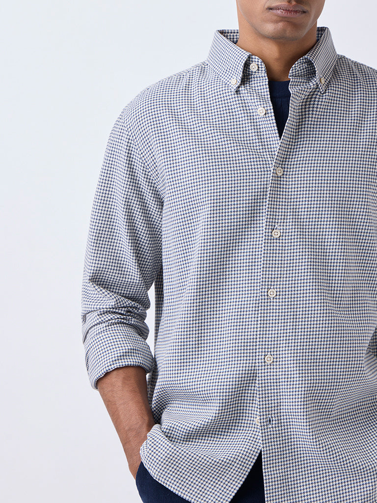 Ascot Blue Houndstooth Checks Relaxed-Fit Cotton Shirt - Image 3