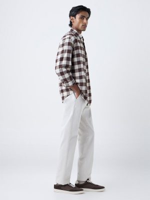 WES Casuals Brown Checks Printed Relaxed-Fit Cotton Shirt