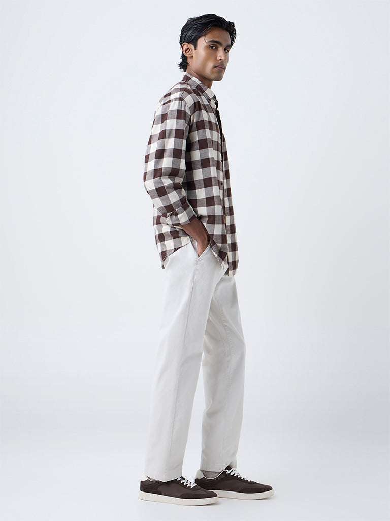 WES Casuals Brown Checks Printed Relaxed-Fit Cotton Shirt