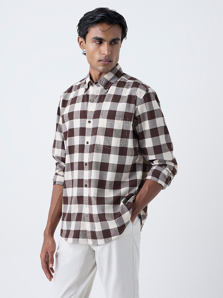 WES Casuals Brown Checks Printed Relaxed-Fit Cotton Shirt - Image 2
