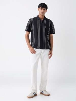 WES Casuals Black Relaxed Fit Three-Quarter Zip Polo T-Shirt