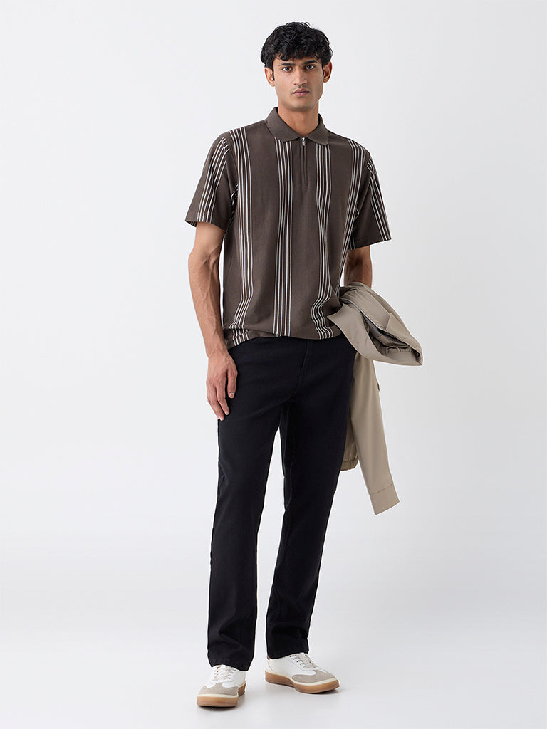 WES Casuals Brown Relaxed Fit Three-Quarter Zip Polo T-Shirt