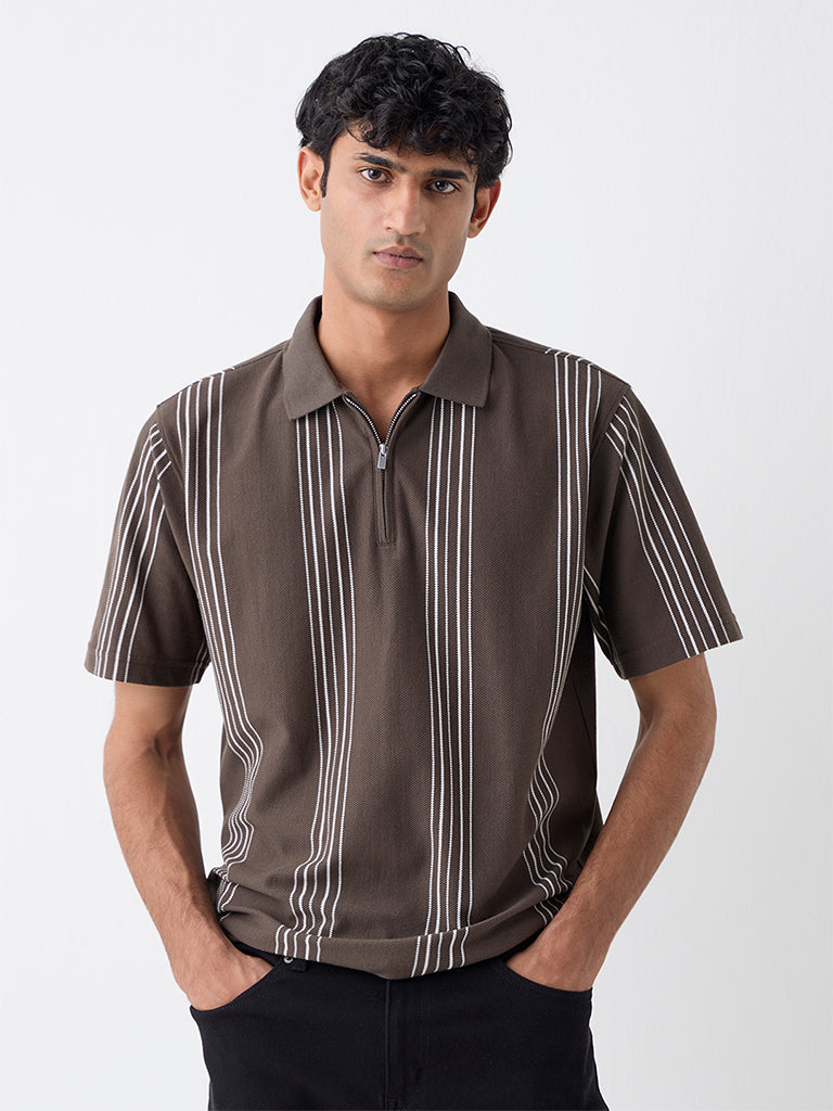 WES Casuals Brown Relaxed Fit Three-Quarter Zip Polo T-Shirt - Image 3