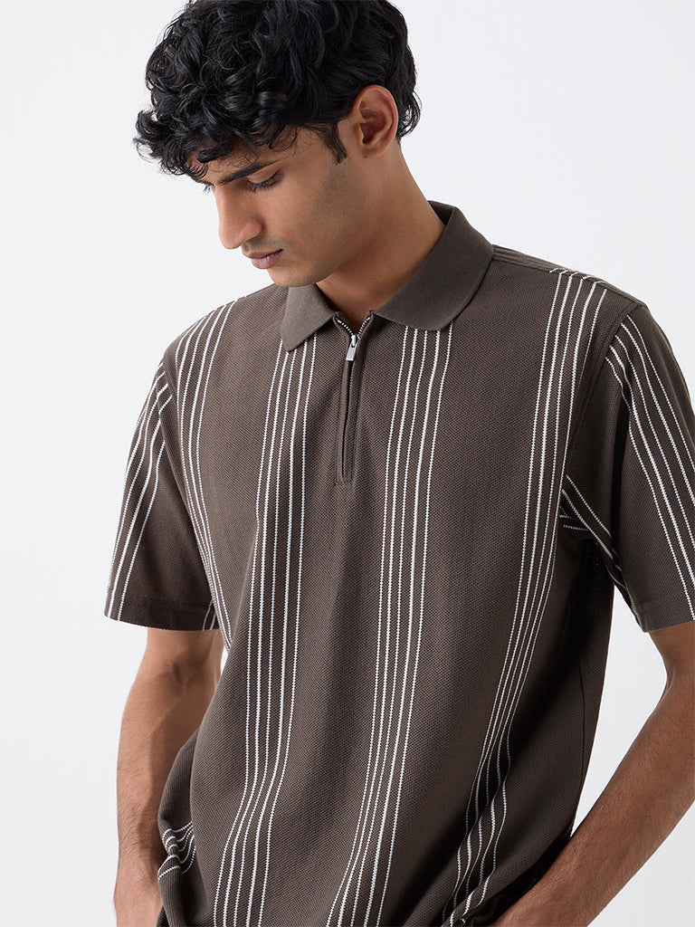 WES Casuals Brown Relaxed Fit Three-Quarter Zip Polo T-Shirt - Image 4