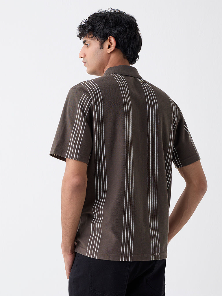 WES Casuals Brown Relaxed Fit Three-Quarter Zip Polo T-Shirt - Image 5