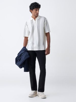 WES Casuals Off-White Relaxed Fit Three-Quarter Zip Polo T-Shirt