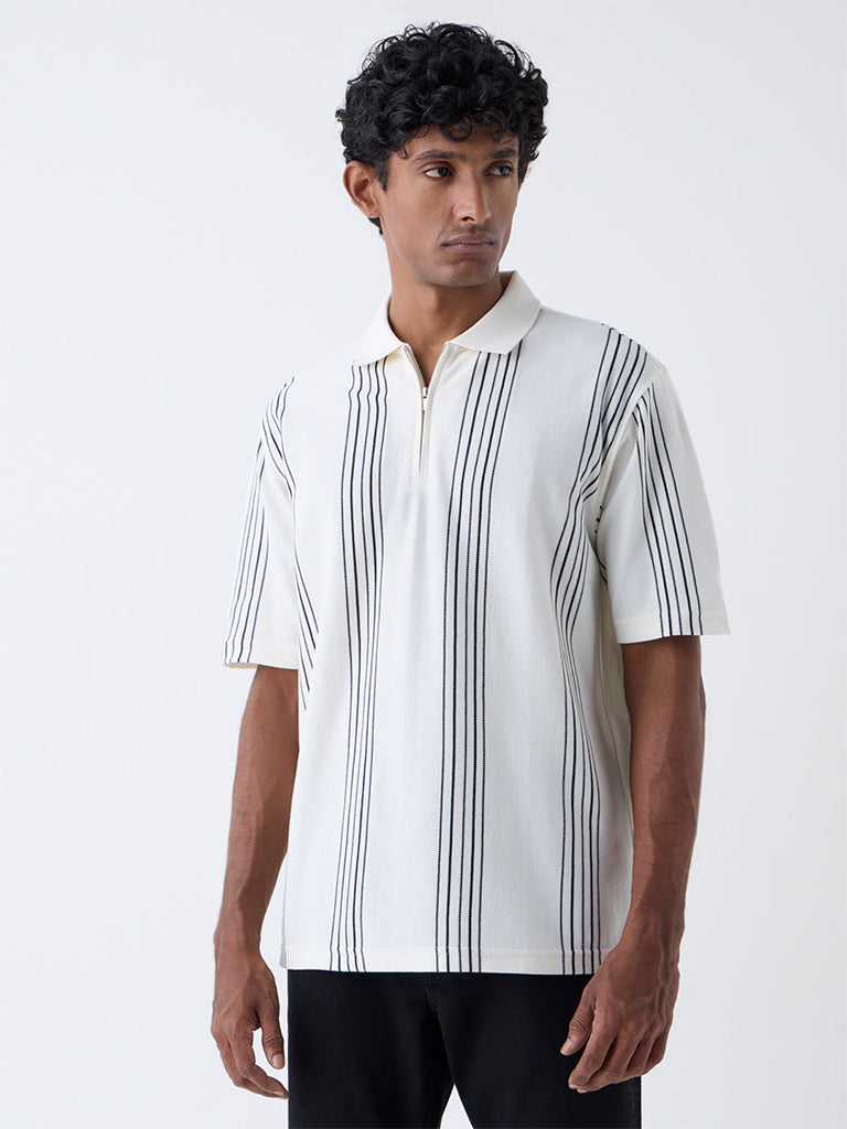 WES Casuals Off-White Relaxed Fit Three-Quarter Zip Polo T-Shirt - Image 3