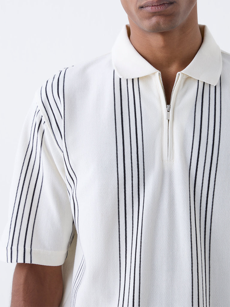 WES Casuals Off-White Relaxed Fit Three-Quarter Zip Polo T-Shirt - Image 4