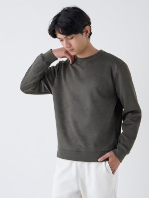 Studiofit Olive Solid Relaxed-Fit Suede Sweatshirt