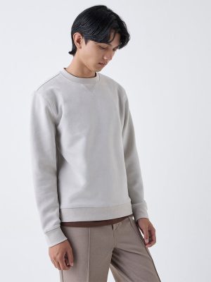 Studiofit Beige Solid Relaxed-Fit Suede Sweatshirt