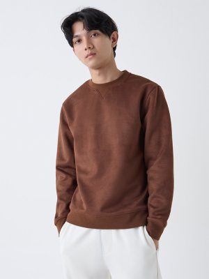 Studiofit Tan Solid Relaxed-Fit Suede Sweatshirt
