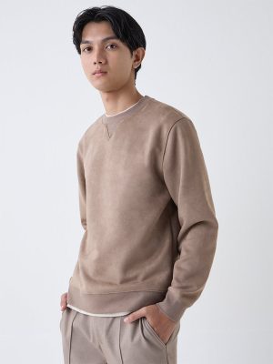 Studiofit Taupe Solid Relaxed-Fit Suede Sweatshirt
