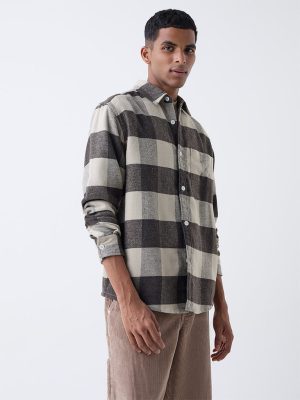 Nuon Brown Checks Printed Relaxed-Fit Cotton Shirt