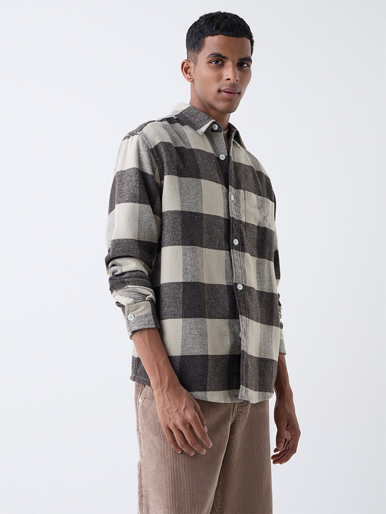 Nuon Brown Checks Printed Relaxed-Fit Cotton Shirt