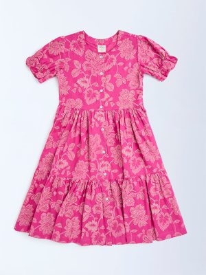 Utsa Kids Pink Bandhani Floral Cotton-Blend Tiered Dress - (8-14yrs)