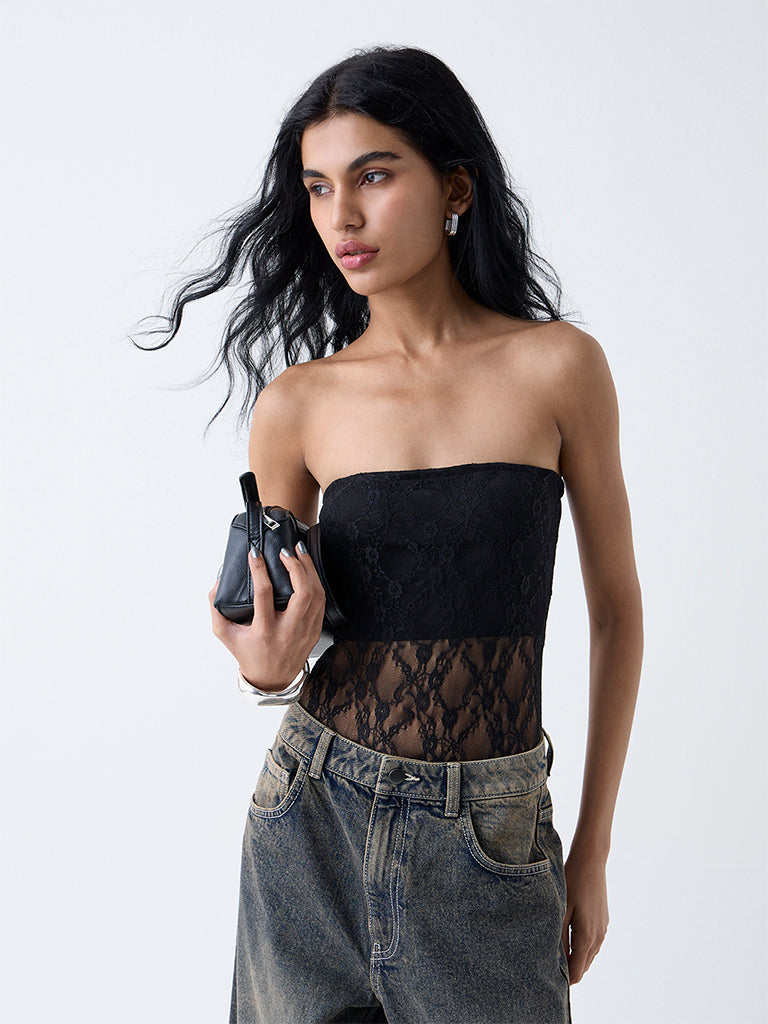 Nuon Black Lace-Detailed Bodysuit
