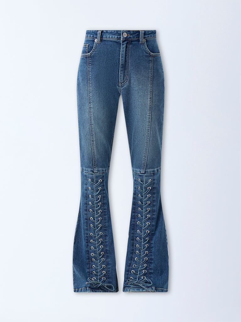 Nuon Blue Criss-Cross Detailed High-Rise Bootcut Jeans - Image 5