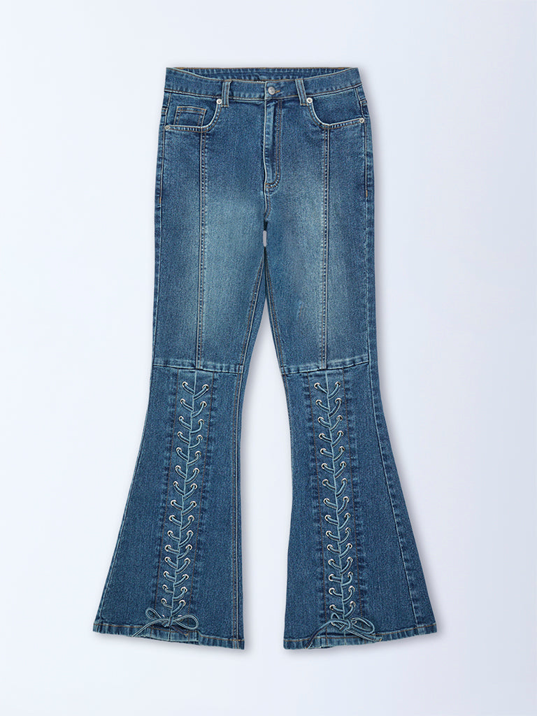 Nuon Blue Criss-Cross Detailed High-Rise Bootcut Jeans - Image 6