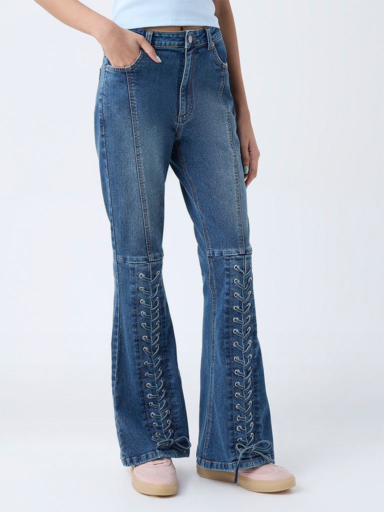 Nuon Blue Criss-Cross Detailed High-Rise Bootcut Jeans - Image 2