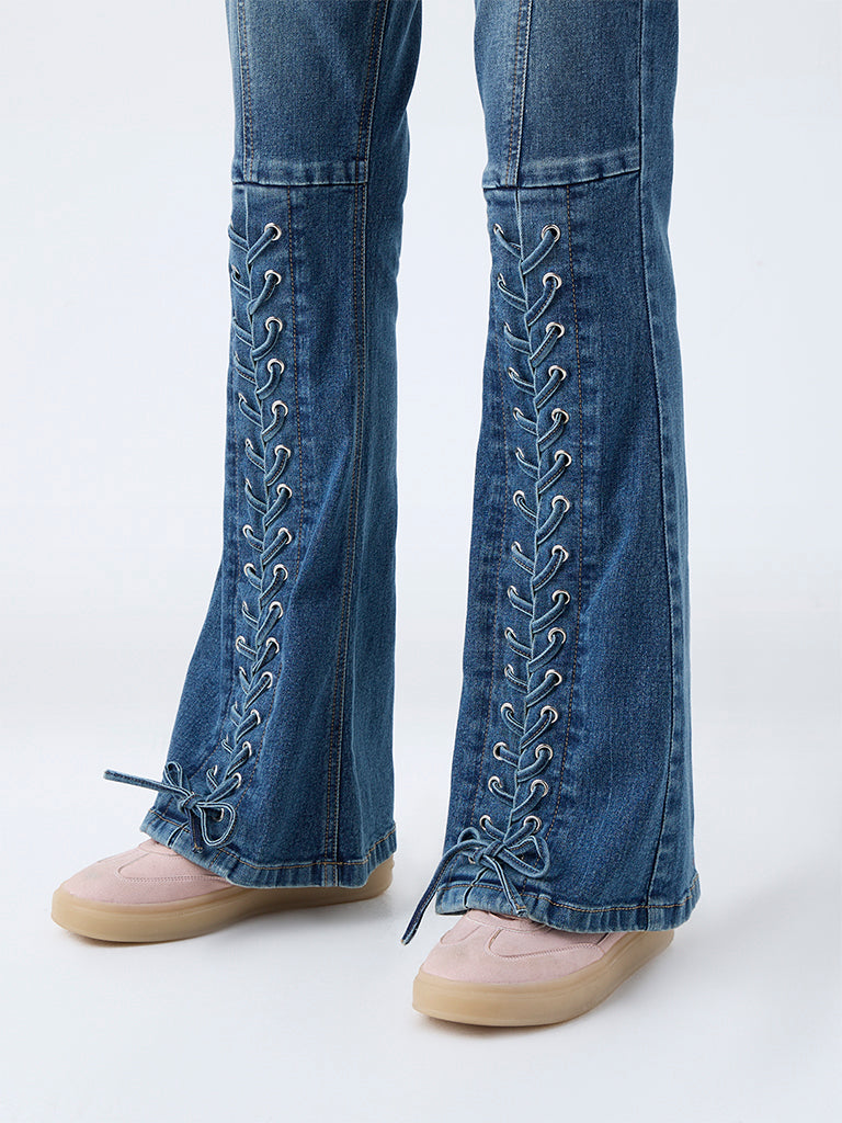Nuon Blue Criss-Cross Detailed High-Rise Bootcut Jeans - Image 3