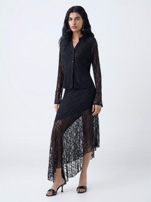 Nuon Black Lace Detailed Asymmetric High-Rise Skirt